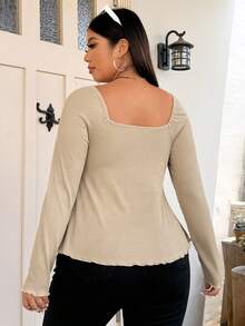Vionelle Diamond Neckline Front Drawstring Ribbed Plus Size Long Sleeve T-Shirt - Apricot - View 2