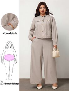 Enliva Plus Size Women's Two Pieces Pants Set Cropped Jacket High Waist Trousers Elegant Matching Outfit Flattering Compatible With Apple Shape - Khaki - View 1