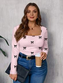 Rosumi Casual Minimalist Plus Size Square Neck T-Shirt With Bow Print Pattern - Multicolor - View 5