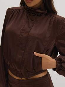 MUSEYN Brown Satin High Neck Shoulder Pad Bomber Jacket Classy Date Night Chic Evening Fall - Chocolate Brown - View 6