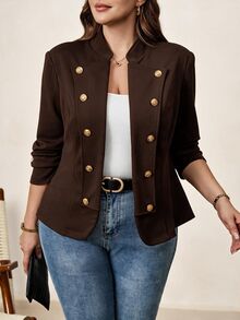 Chikora Plus Size Women's Long Sleeve Double-Breasted Open Front Jacket - Coffee Brown - View 6