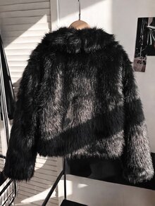 SHEIN 青少年女孩秋冬休閒法式優雅黑色人造毛領夾克外套，適合學校、派對、日常穿著 - 黑色 - 查看 5