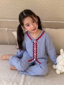 Dazy Kids 少女秋季服飾 格紋短袖長褲居家休閒套裝 春夏款 - 淺藍色 - 查看 6