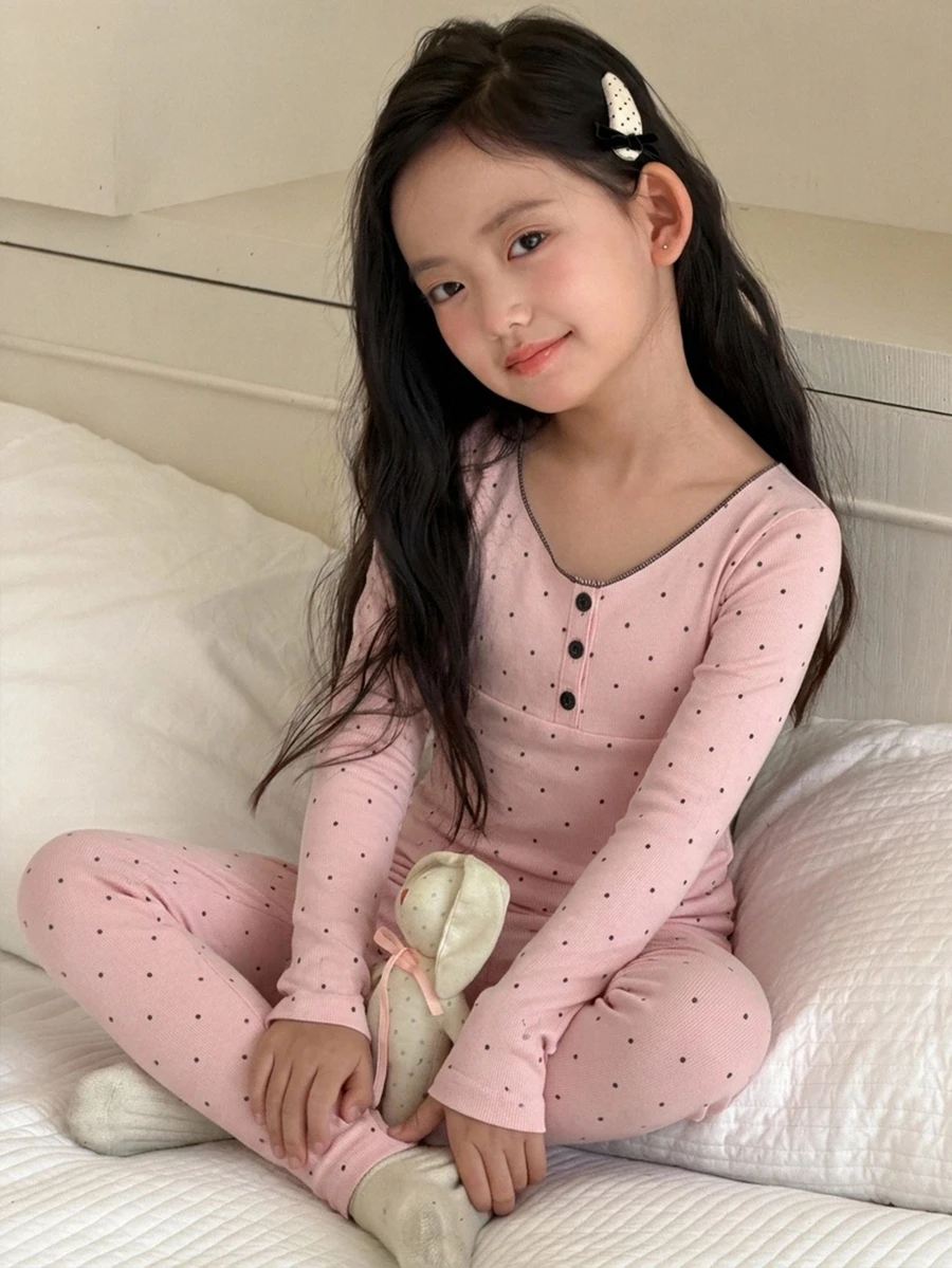 DAZY Tween Girl Button Half-Placket Long Sleeve Top And Polka Dot Print Pants Loungewear Set - Pink - View 1