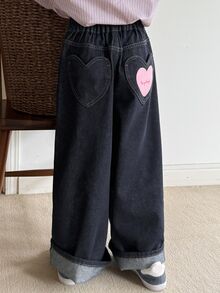 Dazy Kids Tween Girl) Casual Heart Butt Decoration Straight Leg Autumn/Winter Dark Blue Deep Wash Denim Jeans - Navy Blue - View 7