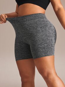 SHEIN Rhythm Era Women's Plus Size Solid Color High Waist Daily Fitness Sports Shorts - Dark Grey - View 6