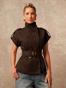 Lumalex Short Sleeve Loose High Neck Cinched Waist Women's Trench Coat Jacket - Brown - View 9