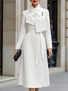 SHEIN Women's Spring/Autumn Deep Elegant Elegant Overcoat - High-End Stand Collar Waist-Cinching Tie-Up Design, Suitable For Outings, Dates, And Commuting - White - View 1