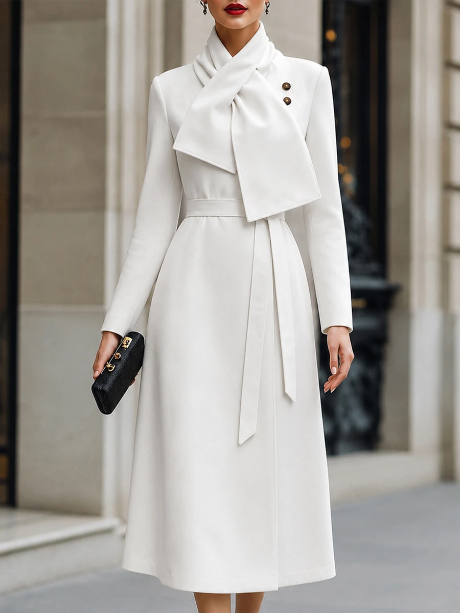 SHEIN Women's Spring/Autumn Deep Elegant Elegant Overcoat - High-End Stand Collar Waist-Cinching Tie-Up Design, Suitable For Outings, Dates, And Commuting - White - View 1