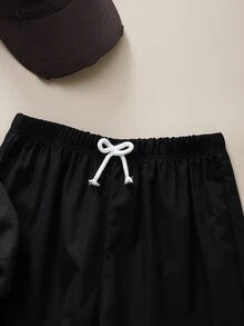 SHEIN 2件組青少年男孩街頭風黑色字母星星印花圓領長袖衛衣運動褲套裝 秋季穿搭 - 黑色 - 查看 11