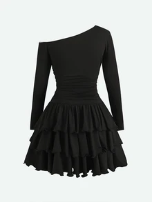 SHEIN Teen Girl Spring Autumn Winter New Casual Elegant Academy Style French Asymmetrical Shoulder Neckline Ruched Patchwork Layered Ruffle Hem Cake Pleat Long Sleeve Dress, Party, Daily Wear, Black Dress - Black - View 5