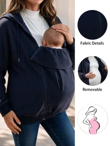 SHEIN Sweatshirt Hoodie Hamil Biru Tua Musim Gugur/Dingin 3-in-1 Multifungsi dengan Ritsleting untuk Menyusui Bahan Katun Nyaman - Biru - View 3