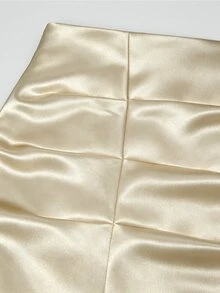 Sweetra Plus Size Autumn Winter Elegant Sexy Satin Slim Fit Ruched Lace Patchwork Bodycon Mini Skirt - Light Yellow - View 5