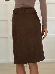 DAZY Autumn/Winter Brown Suede Belt Decor Bodycon Mid-Length Elegant Commute Office Date Women's Skirt - Brown - View 5