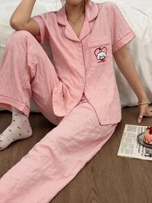Napfluff Textured Bubble Grid Pocket Embroidered Top And Loose Pants Pajama Set - Pink - View 3