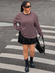 Muchica Plus Size Korean Style Minimalist Striped Colorblock Long Sleeve Crew Neck T-Shirt Fall - Multicolor - View 5
