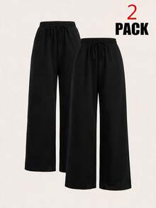 SHEIN EZwear 女款大尺碼舒適寬鬆純色極簡風兩件式長褲 - 黑色 - 查看 1