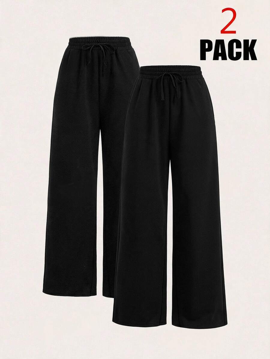 SHEIN EZwear 女款大尺碼舒適寬鬆純色極簡風兩件式長褲 - 黑色 - 查看 1