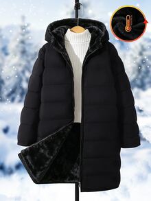 SHEIN 1pc Teen Girl Mid-Length Padded Coat Casual Junior Baggy Cute Versatile Autumn Winter Work Black - Black - View 4