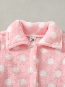 SHEIN 新生女嬰抓絨連身衣可愛粉色與白色波點草莓貼布長袖領口毛茸茸冬季秋季按扣 - 彩色 - 查看 8