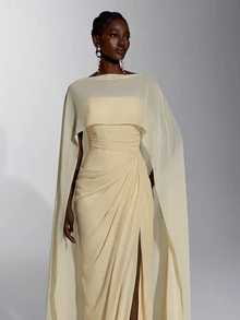Elitara Elegant Minimalist Classical Chiffon Shawl Strapless Handmade Pleated Fishbone Internal Corset Waist Bodycon Slit Train Long Dress Cream Fall - Yellow - View 3