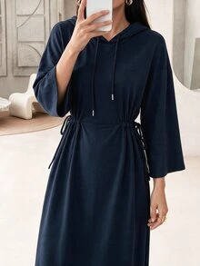 Rue Lumi Women's Solid Color Drop Shoulder Long Sleeve Casual Drawstring Hooded Sweatshirt Midi Dress - Blue - View 6