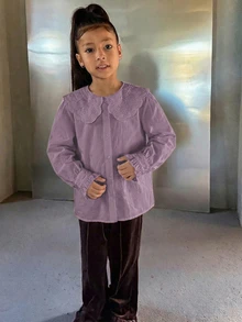 DAZY 青少年女孩秋季服飾蕾絲娃娃臉泡泡袖長袖甜美襯衫 - 紫色 - 查看 4
