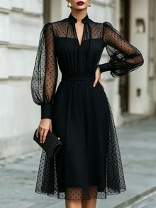 SHEIN Women's Polka Dot Chiffon Black Elegant Dress - Black - View 1