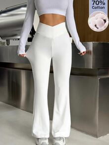 SHEIN EZwear 女款修身休閒喇叭褲 - 白色 - 查看 7