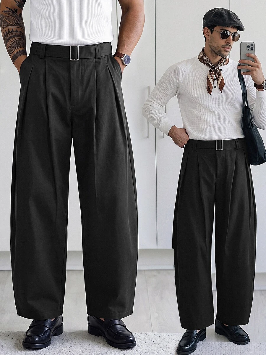 HUEFORM Men's Curved Leg Casual Pants With Double Pleated Waistband Design, Comfortable Commute & Outing Atmosphere Ins Long Pants - Black - View 1