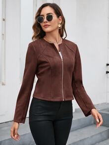 Editum Solid Color Zipper Front Jacket In Fall/Winter - Rust Brown - View 5