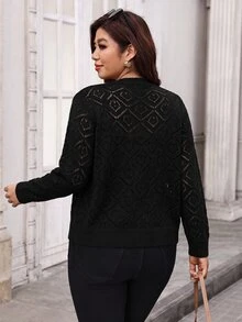 Reflora Plus Size Women's Metal Single-Breasted Hollow Knit Cardigan - Black - View 2