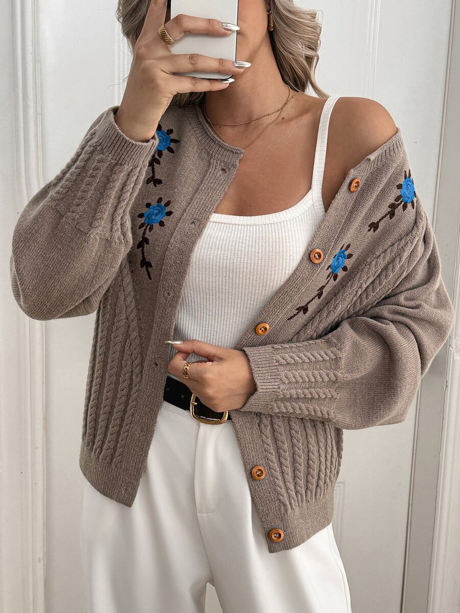 Sprig & Strand Women's Autumn New Single Piece Round Neck Embroidered Fresh Shoulder Pleat Design Classic Rope Pattern Slim Fit Short Knit Cardigan Top, Versatile Fashion Daily Wear - Brown - View 1