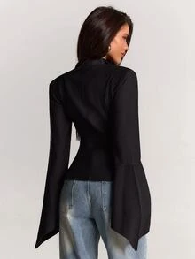 SHEIN BAE Blazer Wanita Lengan Panjang Warna Polos dengan Desain Ikat Pinggang Samping dan Potongan Slim Fit - Hitam - View 2