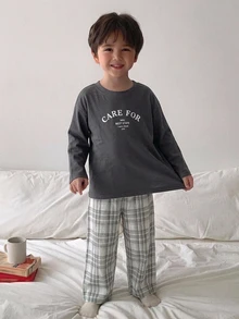 Dazy Kids 兒童秋季小男孩圓領針織字母印花短袖T恤＋梭織格紋長褲居家服2件套 春夏 - 深灰色 - 查看 6