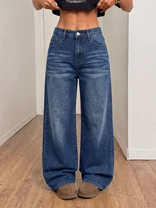 SHEIN PETITE 女款高腰寬鬆素色長版牛仔褲 - 深色水洗藍 - 查看 5
