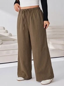 Solflare Plus Size Casual Drawstring Waist Loose Pants For Daily Wear - Coffee Brown - View 4