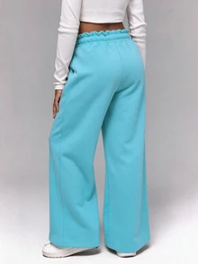 SHEIN Tween Girl) Casual All-Match Versatile Streetwear Pocket Loose Wide Leg Elastic Waist Washed Snow Wash Sweatpants - Mint Blue - View 2