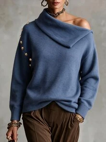 Balvessa Sweater Wanita Gaya Prancis Kerah Tinggi Kancing Buatan Tangan untuk Rumah & Luar Ruangan - Biru - View 3