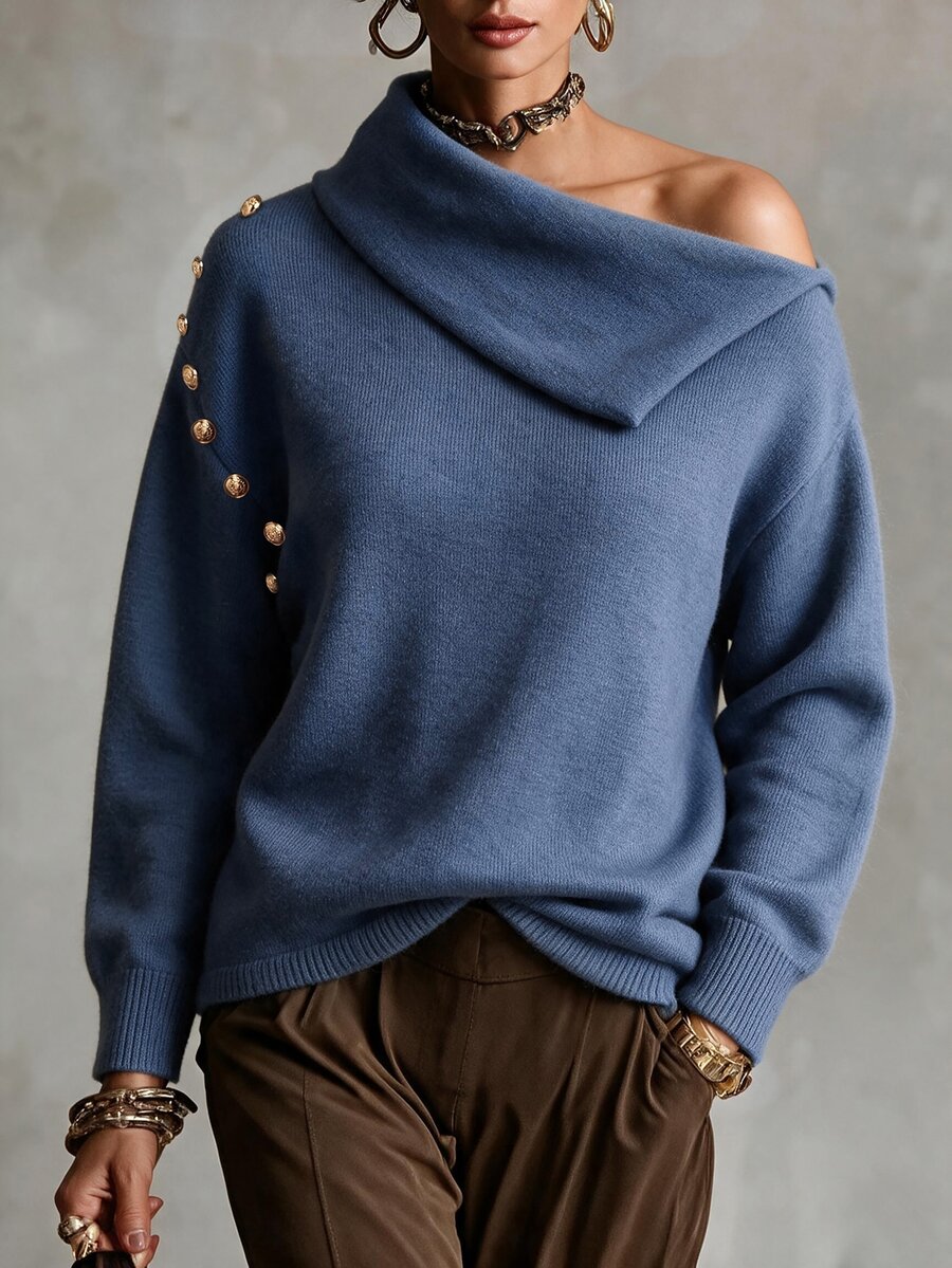 Balvessa French Style High Neck Handmade Button Lazy Home & Outdoor Wear Women's Sweater - Blue - View 1