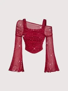 SHEIN Girlism 兒童青少年女孩亮片不對稱肩長袖T恤 - 酒紅色 - 查看 1