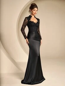 Coutiva Women's Lace Long Formal Evening Gown Dress (Heavy Workmanship Style) - Black - View 4