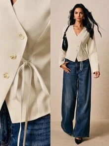 Poéselle Blus Polos Model Wrap dengan Kancing dan Sabuk - Aprikot - View 1