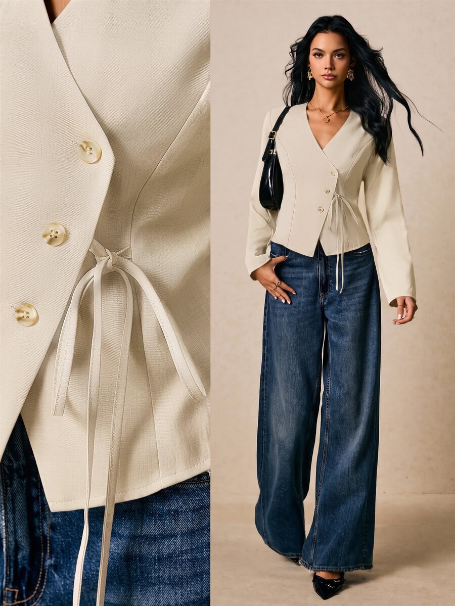 Poéselle Blus Polos Model Wrap dengan Kancing dan Sabuk - Aprikot - View 1