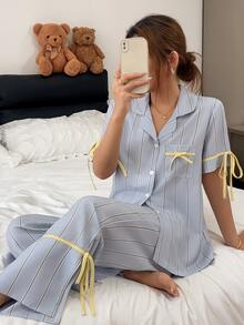 Napfluff 條紋印花休閒居家服撞色翻領短袖女款睡衣長褲套裝 - 灰色 - 查看 4