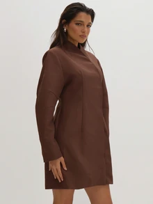 MUSEYN Gaun Blazer Oversized Berstruktur Kepompong Tenun Cokelat, Elegan untuk Kencan Malam, Chic, Musim Gugur - Coklat - View 4
