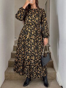 SHEIN LUNE 大尺碼女款小碎花圓領燈籠袖優雅連身裙 秋季 - 黃色 - 查看 3