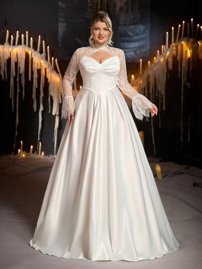 Glamrae Plus Size Elegant Fashion Minimalist White 2 Pieces Set Strapless Empire Waist A-Line Train Long Dress With Detachable Lace Bell Sleeve Top Suitable For Formal Evening Events Wedding Bridal Gown