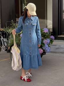 DAZY Tween Girl Fashion Button Pocket Design Long Sleeve Denim Dress - Medium Wash - View 5