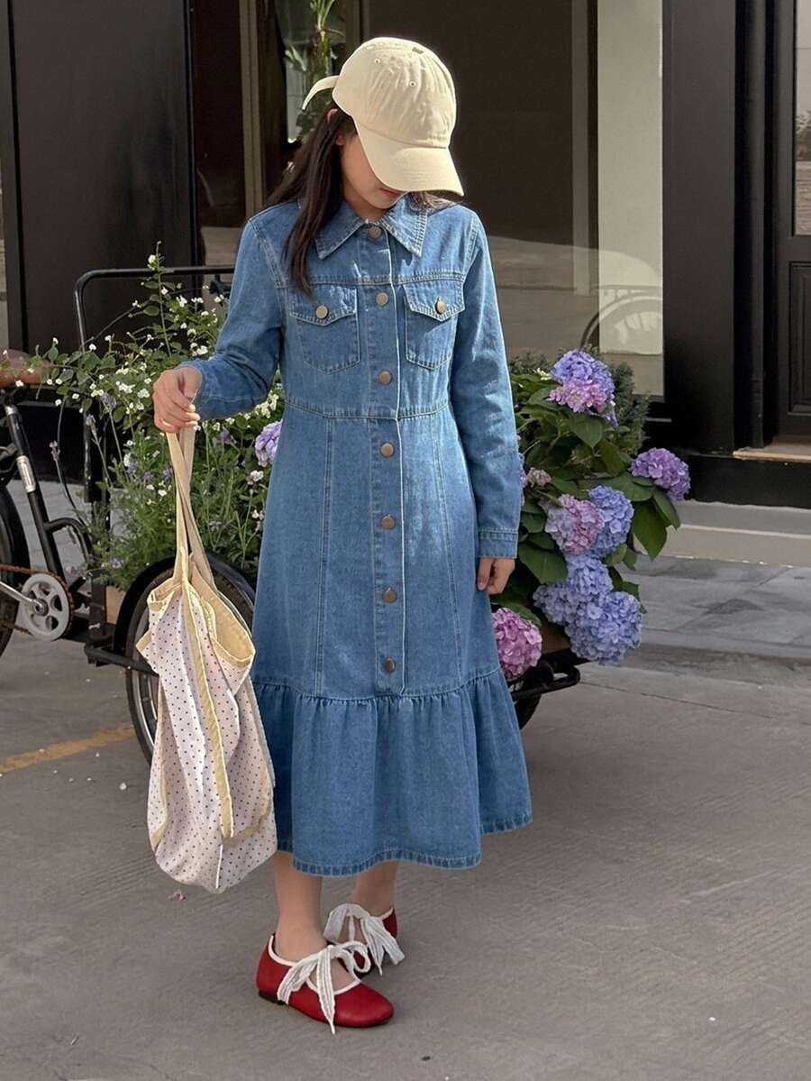 DAZY Tween Girl Fashion Button Pocket Design Long Sleeve Denim Dress - Medium Wash - View 1